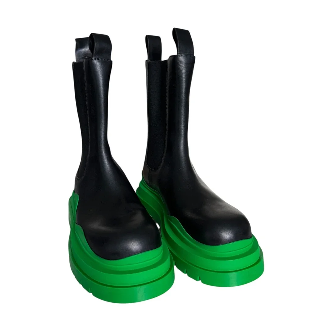 Bottega Veneta 630284 Unisex Military Black Leather Green & Black Tire Boots 39